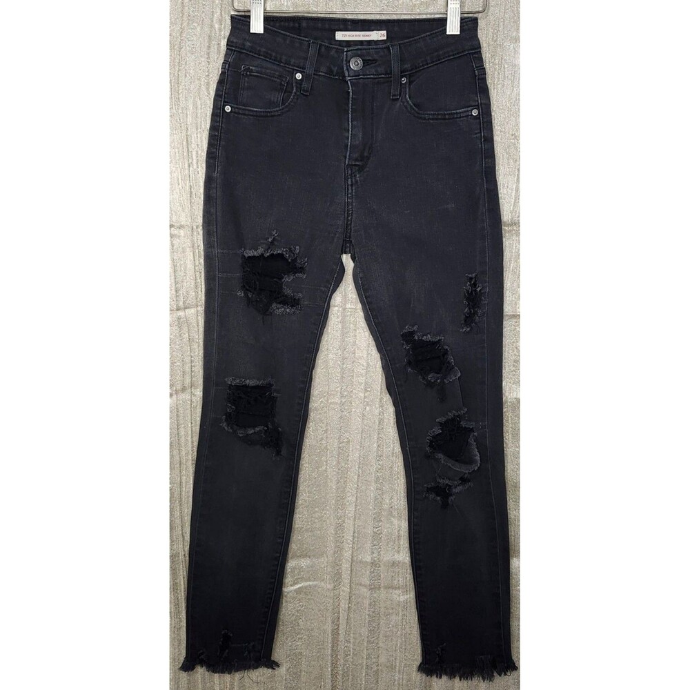 Levi’s 721 High Rise Skinny Jeans 26x26 Distressed Black Frayed Hem Ankle